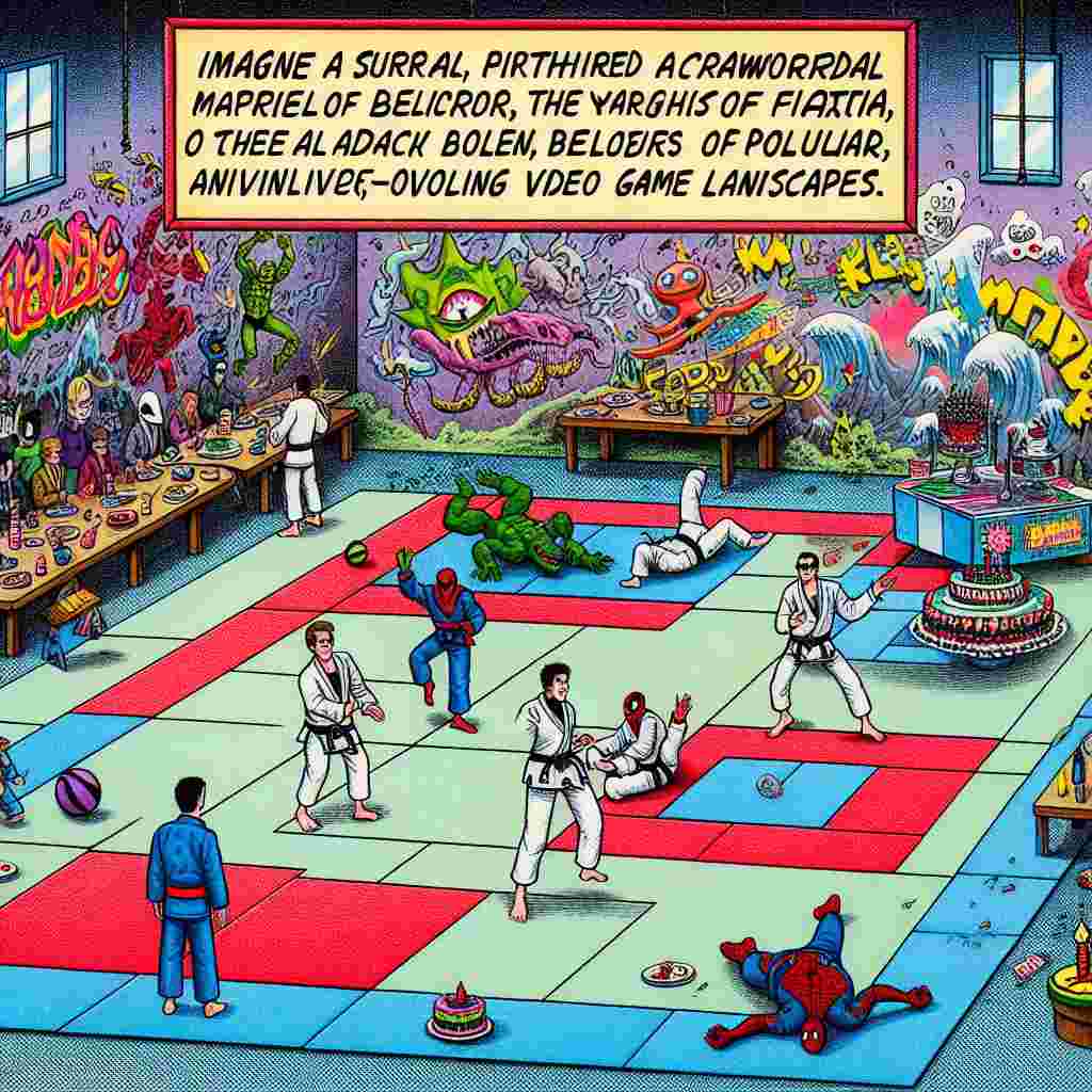 Imagine a surreal, cartoon-themed birthday celebration taking place in a whimsical, otherworldly dojo. The laws of physics appear flexible, and the walls are decorated with a riot of colorful graffiti, celebrating various facets of pop culture. In one corner is a Jiu-Jitsu mat below a fantasized, detached landmass which reminds one of popular, ever-evolving online video game landscapes. Fictional costumed characters, reminiscent of popular comic book figures, engage the party attendees in slow-motion, mid-air faux fights. The undertone of the scene is marked by rhythmic, hip hop music. A costumed figure borrowing elements from popular wall-crawling comic heroes is serving slices of a cake themed on a multidimensional arachnid universe.
Generated with these themes: Jiu jitsu, Fortnite, Marvel, and Eminem.
Made with ❤️ by AI.