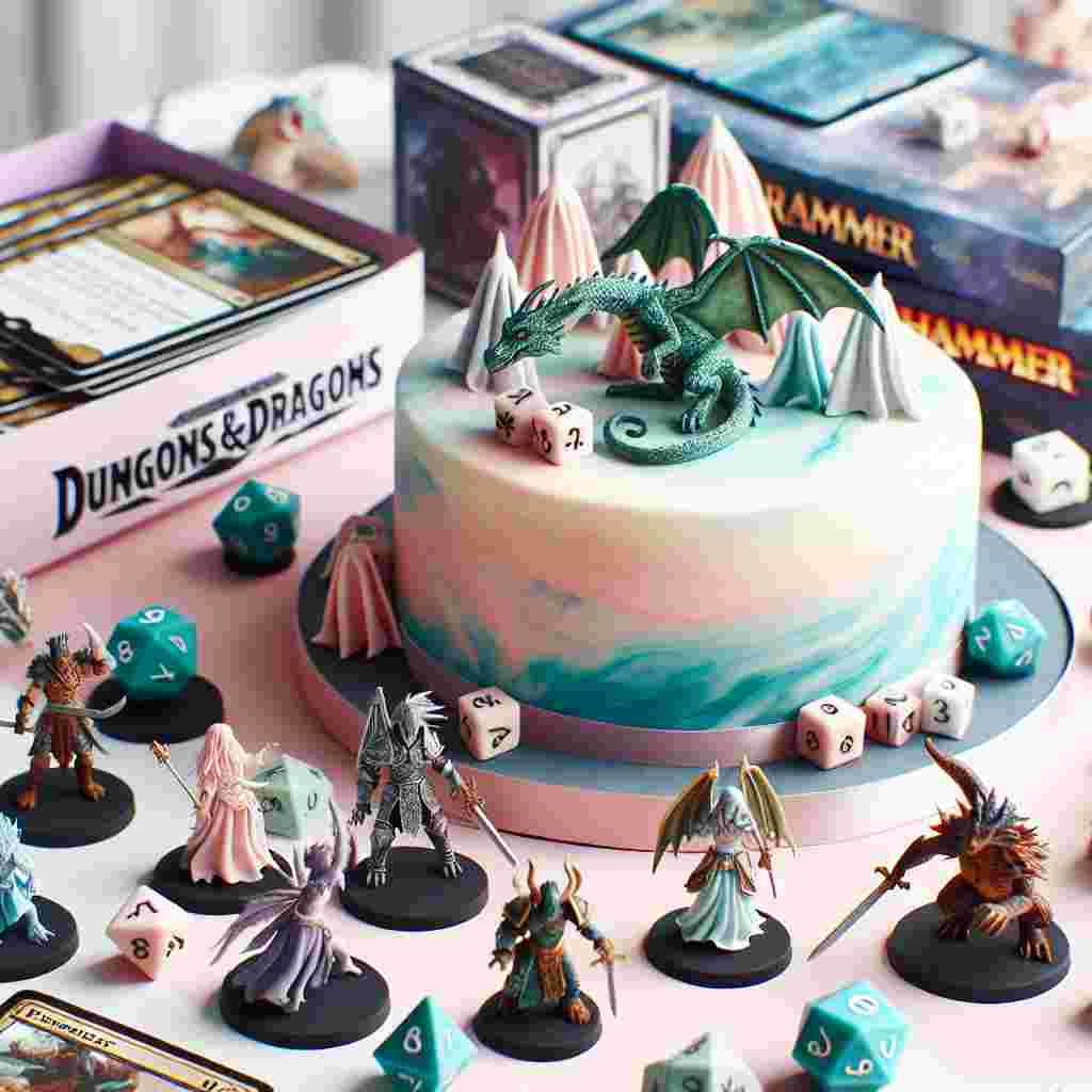 Imagine a playful and whimsical birthday setup, where the theme revolves around fantasy and abstract concepts, inspired by games like Dungeons & Dragons. Picture miniature dragon figurines carefully placed around various trading card game decks, their presence adding a decorative element and a sense of invitation to an engaging game. Notice a pastel-colored, marbled cake serving as the centerpiece, with a hand-painted warrior figurine (akin to those found in Warhammer) standing guard over the sweet treat. Completing this magical scene are fondant spells clinging to the cake and edible dice randomly scattered, adding a touch of charming detail.
Generated with these themes: Dungeons & dragons , Trading card games, and Warhammer.
Made with ❤️ by AI.