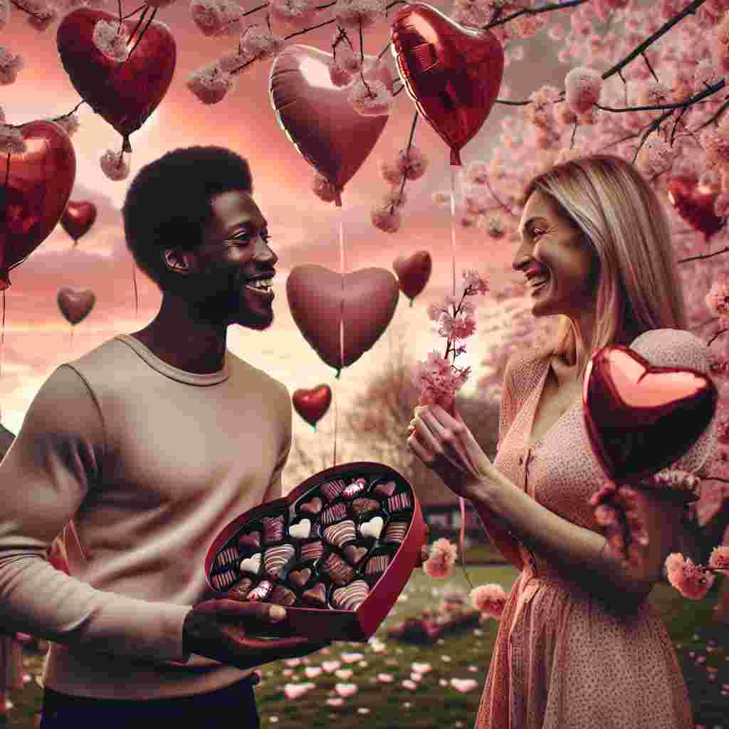 In this romantic scenario, a Caucasian man is offering a heart-shaped box of chocolates to a Black woman, under a glorious canopy of cherry blossom trees. They find themselves amidst a delightful assortment of floating heart-shaped balloons and a tender, pinkish ambience, embodying the essence of Valentine's Day. Their laughter and jovial conversation taking place in a park against a backdrop of a sky tinted with sunset hues encapsulate a memento of their shared happiness and love.
Generated with these themes: White man and black woman .
Made with ❤️ by AI.