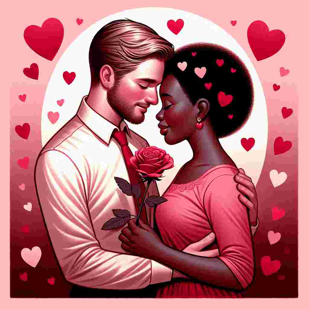 An emotionally touching illustration portrays a Caucasian man and an African woman sharing a tender embrace. They are positioned before a backdrop colored in soft pink tones, adorned with scattered crimson hearts. The woman tenderly clutches a single red rose, a symbol of love, while both individuals wear gentle smiles, their eyes meeting in an affectionate moment. The overall illustration radiates the warmth and happiness associated with Valentine's Day, embodying a celebration of love that knows no boundaries of race or color.
Generated with these themes: White man and black woman .
Made with ❤️ by AI.