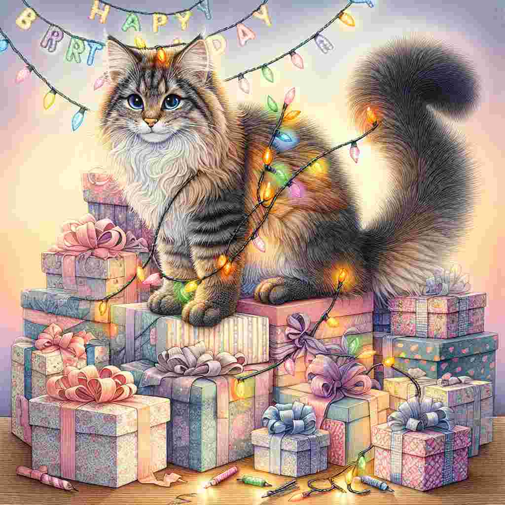 This charming illustration captures a Norwegian Forest Cat with a bushy tail sitting atop a pile of presents. The feline is entangled in a cheerful string of lights which subtly spells out 'Happy Birthday'. The background features soft, pastel hues creating a warm, celebratory atmosphere.
Generated with these themes: Norwegian Forest Cat Birthday Cards.
Made with ❤️ by AI.