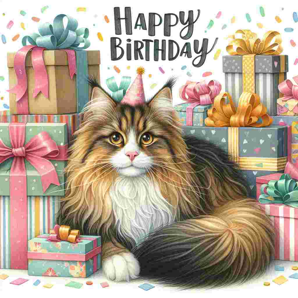 A whimsical birthday card scene showcasing a Norwegian Forest Cat nestled amongst gifts wrapped in playful patterns. The cat's warm, expressive eyes gaze out, its tail cheerfully curled. Overhead, 'Happy Birthday' is elegantly emblazoned amidst floating confetti.
Generated with these themes: Norwegian Forest Cat Birthday Cards.
Made with ❤️ by AI.