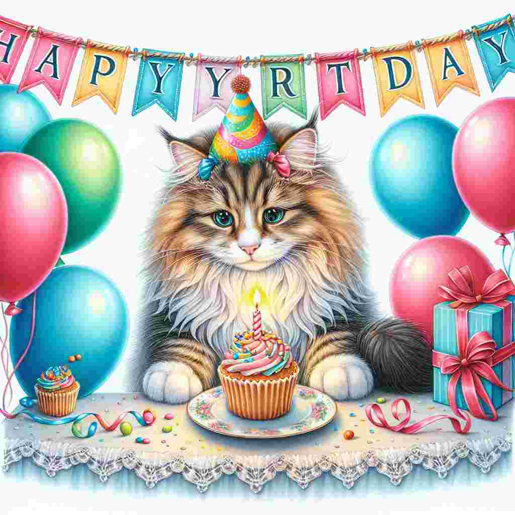 An adorable illustration featuring a fluffy Norwegian Forest Cat adorned with a tiny party hat, surrounded by colorful balloons and a festive banner. The cat appears to be pawing at a cupcake with a single lit candle. 'Happy Birthday' is artistically scripted above the scene.
Generated with these themes: Norwegian Forest Cat Birthday Cards.
Made with ❤️ by AI.