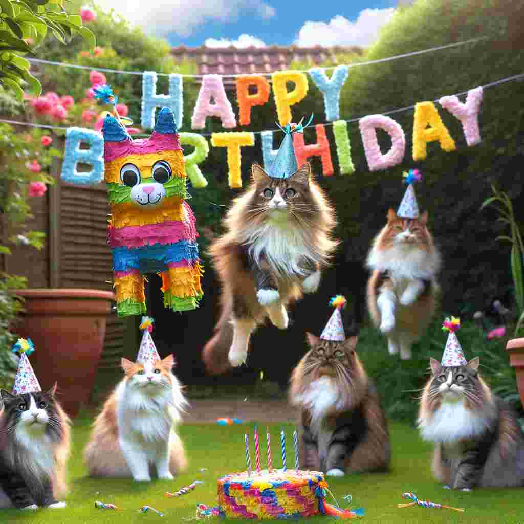 A heartwarming scene picturing a group of Norwegian Forest Cats playing in a garden decked with birthday decorations. The central cat, wearing a birthday hat, joyfully leaps towards a piñata, while 'Happy Birthday' is playfully inscribed in the clouds above.
Generated with these themes: Norwegian Forest Cat Birthday Cards.
Made with ❤️ by AI.