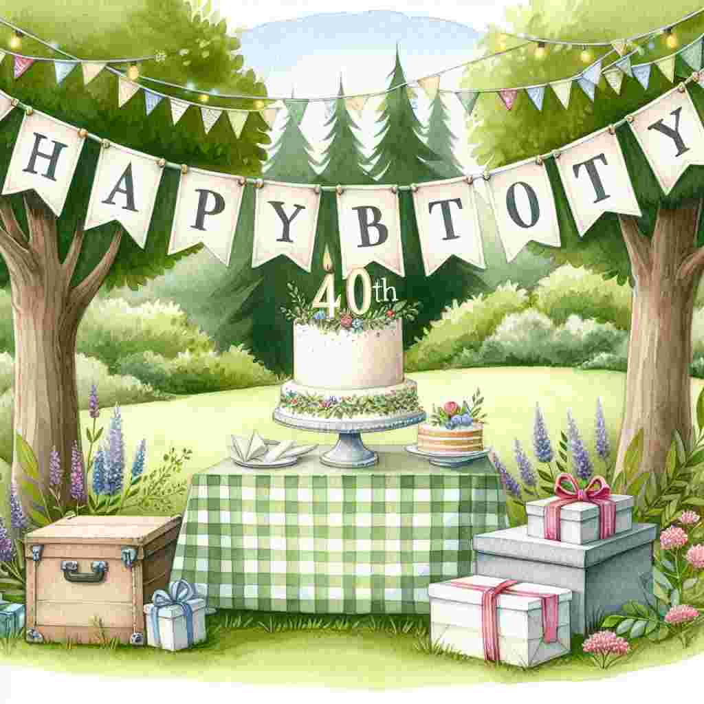 A charming watercolor scene with a banner reading 'Happy 40th' strung between two trees. Underneath, a picnic setup with a birthday cake and presents, and the message 'Happy Birthday' etched onto the cake.
Generated with these themes: 40th  .
Made with ❤️ by AI.