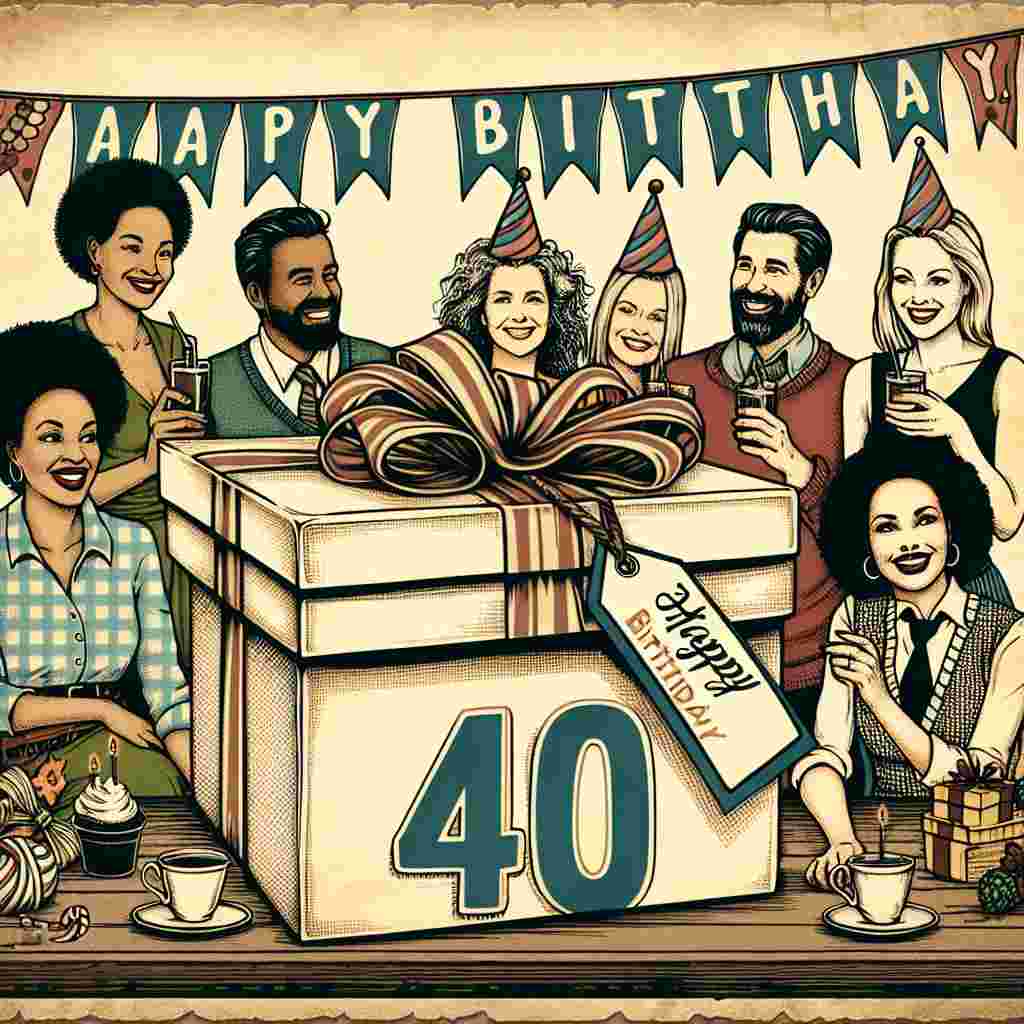 A vintage-style illustration of a group of friends gathered around a large gift box with a 'Happy Birthday' banner across it. On the box’s tag, '40' is prominently displayed, hinting at the age being celebrated.
Generated with these themes: 40th  .
Made with ❤️ by AI.