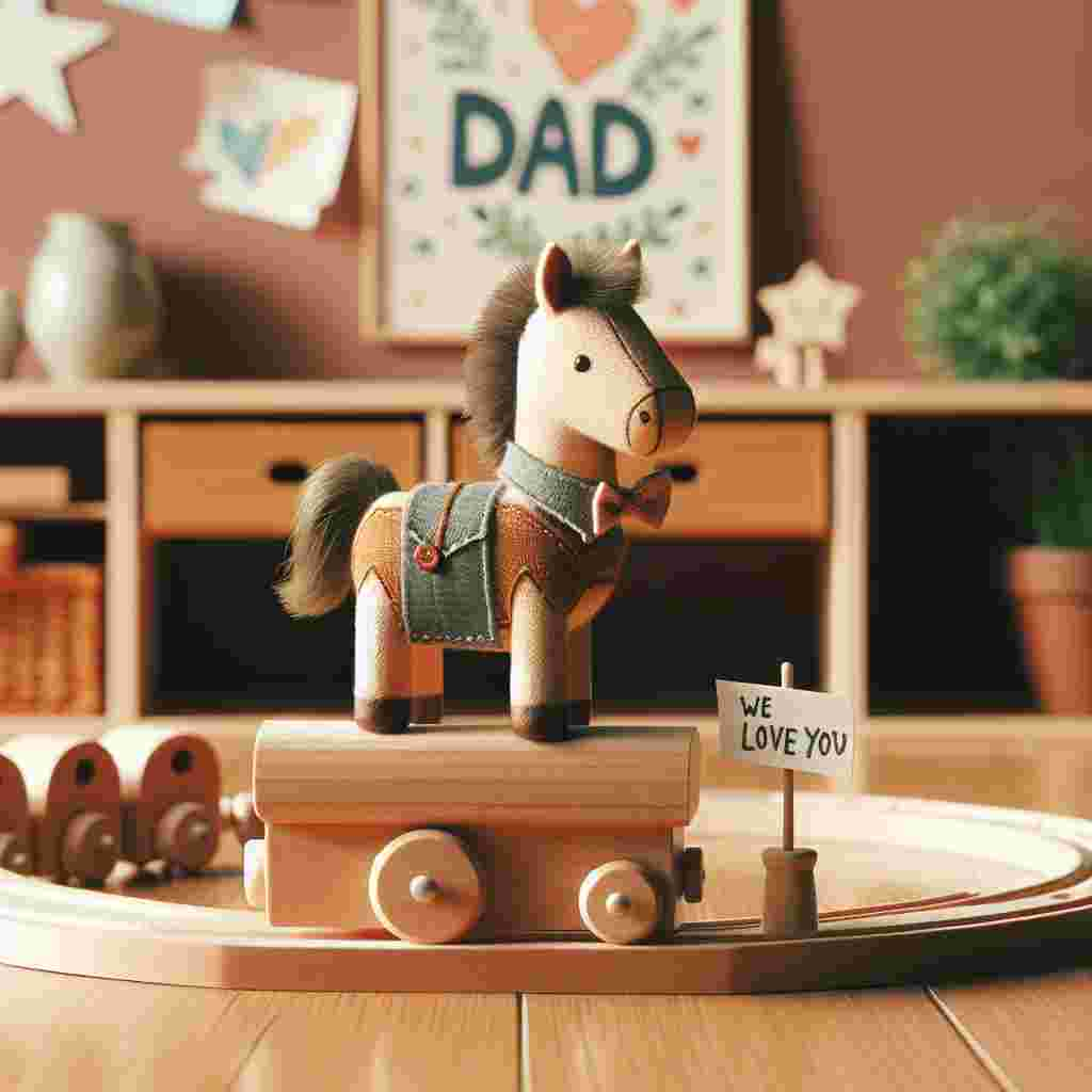 Create a warm and affectionate illustration for Father's Day. The setting is a comfortably furnished room where a wooden toy train is running on a track arranged to spell the word 'DAD'. Positioned on the train is a petite and charming horse figure, it's sporting a tiny bow tie and holding a banner inscribed with the message 'We Love You'. The room's walls are decorated with children's drawings of stars and hearts, demonstrating a sense of love and appreciation for fatherhood in a subtle, but moving way.
Generated with these themes: Horse, and Train.
Made with ❤️ by AI.