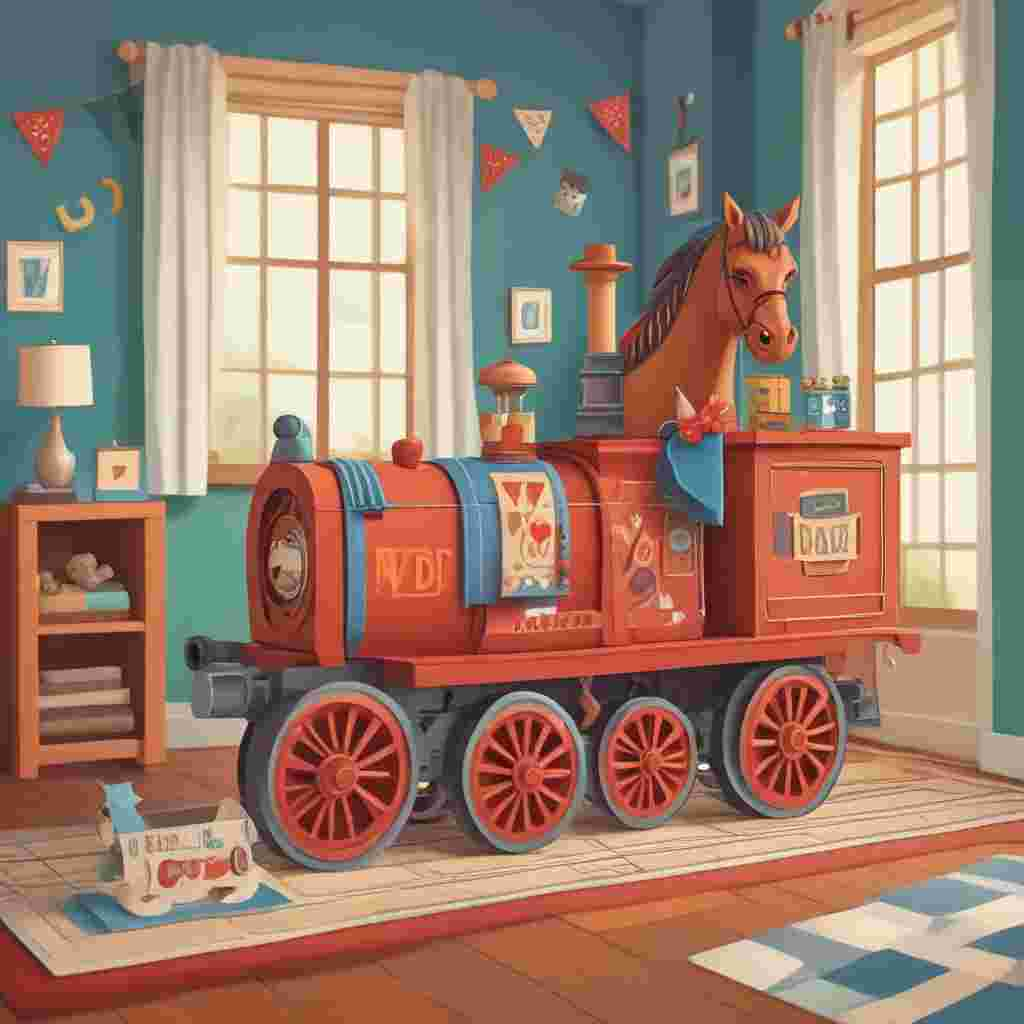 Illustration Cute, Create a warm and affectionate illustration for Father's Day. The setting is a comfortably furnished room where a wooden toy train is running on a track arranged to spell the word 'DAD'. Positioned on the train is a petite and charming horse figure, it's sporting a tiny bow tie and holding a banner inscribed with the message 'We Love You'. The room's walls are decorated with children's drawings of stars and hearts, demonstrating a sense of love and appreciation for fatherhood in a subtle, but moving way.
Generated with these themes: Horse, and Train.
Made with ❤️ by AI.