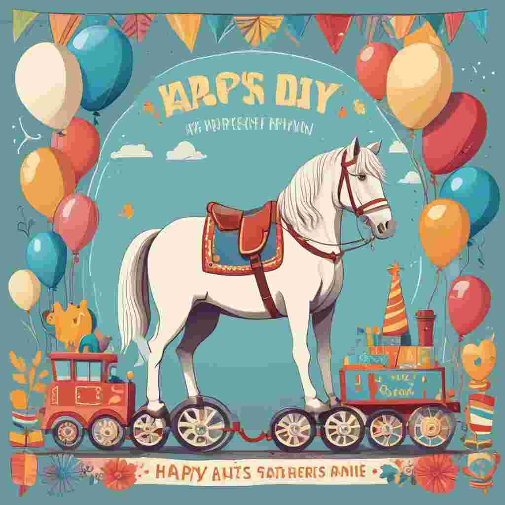 Illustration Cute, Create an image that portrays a heartwarming Father's Day theme. In the center of the picture, feature a cheerful horse wearing a playful party hat, standing beside a toy train with 'Happy Father's Day' decorated on its side. The background should be decked with festive decorative items like balloons and streamers, indicating a celebration in honor of fathers across the globe. The color scheme used should consist of soft and inviting colors, with pastel shades which contribute to a charming and welcoming ambiance.
Generated with these themes: Horse, and Train.
Made with ❤️ by AI.