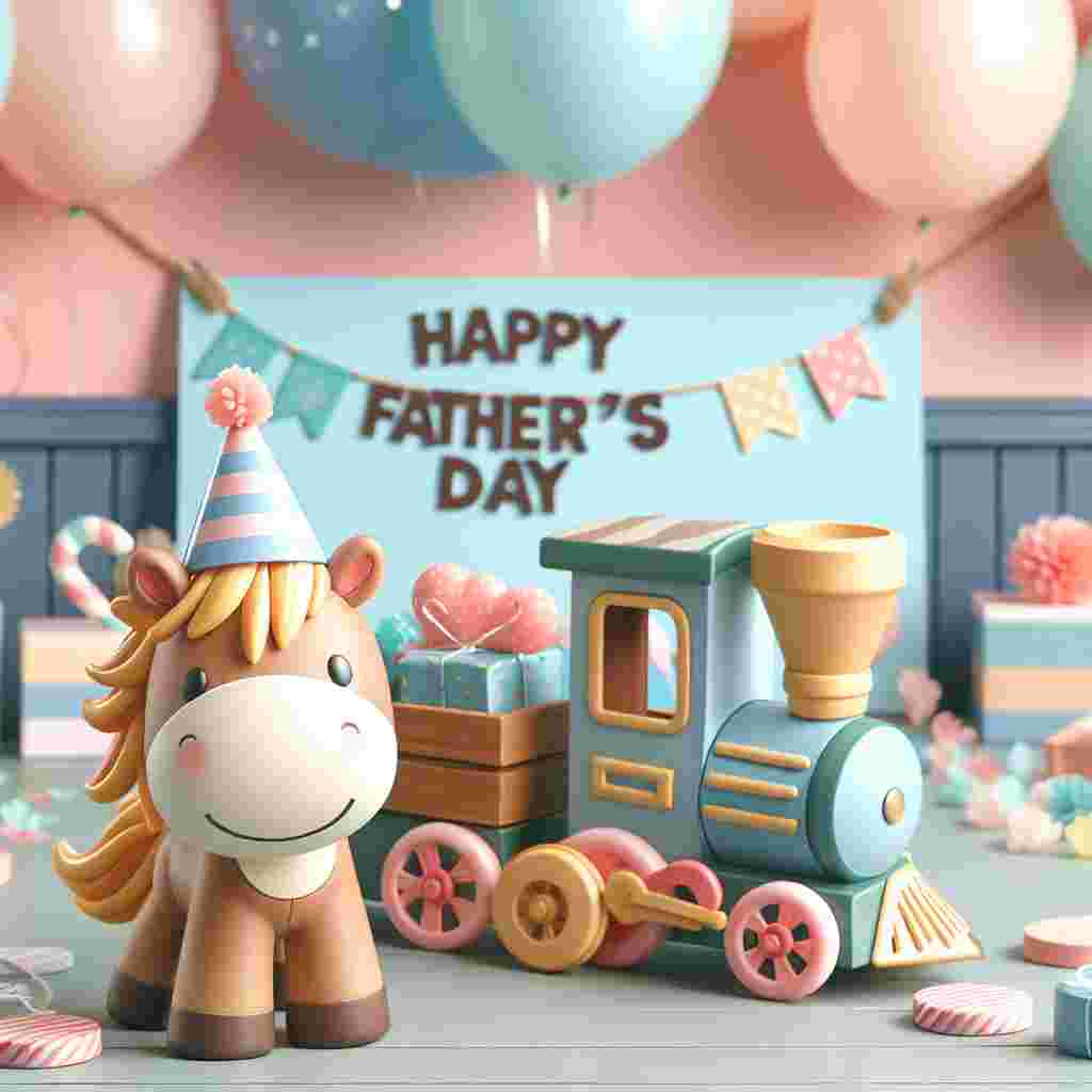 Create an image that portrays a heartwarming Father's Day theme. In the center of the picture, feature a cheerful horse wearing a playful party hat, standing beside a toy train with 'Happy Father's Day' decorated on its side. The background should be decked with festive decorative items like balloons and streamers, indicating a celebration in honor of fathers across the globe. The color scheme used should consist of soft and inviting colors, with pastel shades which contribute to a charming and welcoming ambiance.
Generated with these themes: Horse, and Train.
Made with ❤️ by AI.