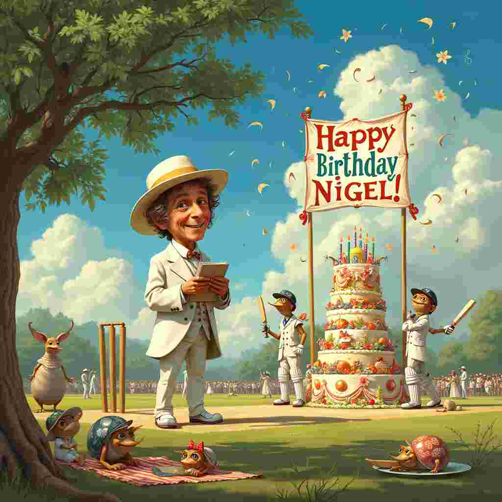 In the whimsical, detailed scene for the birthday greeting card, imagine a sun-drenched cricket field on a lazy Sunday afternoon. At the center of the card, Barry Manilow is the cricket umpire, impeccably dressed in an Edwardian-era white suit and a wide-brimmed hat. His signature smile and wavy hair are unmistakable, and he's holding a small notepad and pen as he keeps score.

The cricket players are not your usual athletes but an assortment of animated clams, each dressed in vintage cricket attire reminiscent of the early 20th century, complete with knee-high socks, vests, and cricket bats. Some clams have little monocles and handlebar mustaches, giving them a distinguished look, adding a touch of humor.

Behind Barry Manilow, a gigantic birthday cake stands tall, festooned with colorful candles and delicate icing swirls. The cake is designed like a cricket pitch, with tiny clam figurines in various cricket poses made from fondant. Above the cake, a large banner hangs between two poles that spell out "Happy Birthday, Nigel!" in vibrant, playful letters adorned with musical notes, clearly a nod to Barry Manilow's musical career.

The sky is a brilliant Maxfield Parrish blue, with fluffy, exaggerated clouds swirling whimsically. Among these clouds, in the upper left corner, "NIGEL" is subtly spelled out in the wispy formations, giving the card an enchanting, otherworldly feel.

In the foreground, near Barry's feet, a set of cricket stumps have been whimsically replaced by three tall clams, balancing perfectly still, their shells adorned with tiny, intricately painted birthday icons such as balloons, party hats, and gifts. 

To the side, a small crowd of clam spectators, dressed in Beatrix Potter-esque clothing, sit on picnic blankets, enjoying the game and eating tiny clam-sized cakes. They are under a Norman Rockwell-inspired tree that provides a touch of nostalgia with its lush, detailed foliage and inviting shade.

All elements combined create a humorous, lively scene where Nigel's birthday is celebrated with an amusing cricket match officiated by the ever-charismatic Barry Manilow, surrounded by a quirky cast of cricket-loving clams.
Generated with these themes: Barry Manilow, Cricket, and Clams.
Made with ❤️ by AI.