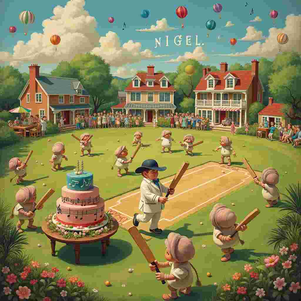 In the heart of a lush, whimsical seaside village, a lively birthday party is in full swing on a beautifully maintained cricket field. The vibrant colors of the scene are reminiscent of Maxfield Parrish's stunning hues, but with a playful, Quentin Blake-esque touch. To one side of the field, Barry Manilow stands on a small stage, surrounded by musical notes and playing a piano adorned with clamshells that snap open and shut to the beat. He's wearing a cricket uniform that features flamboyant sequins, blending classic sports attire with his signature showmanship.

The cricket match itself is in progress, but with a twist: the players are anthropomorphic clams, wearing tiny cricket hats and wielding miniature bats, all of which brings a smile to the face, echoing the charm of Beatrix Potter's animal characters. The clams seem to be enthusiastically playing against each other, with some even mid-swing, sending pearls (instead of cricket balls) flying across the pitch.

In the background, a large birthday cake sits on a picnic table, its layers towering high and decorated with intricate, Rackham-like details. The icing spells out “Happy Birthday, Nigel!” in a flowing script that loops around fondant cricket bats and musical notes.

Above the scene, in the sky, fluffy clouds shaped like musical notes float by, interspersed with clams and cricket balls, seamlessly tying all the elements together. Among these clouds, the word "NIGEL" is spelled out in large, puffy letters, making it an integral part of the sky. To add an extra whimsical touch, a few clams are seen floating with tiny parachutes, descending gently towards the party below.

Throughout the scene, you’ll find additional charming details: a clam umpire raising a red card, clams in the audience waving tiny flags with Barry Manilow's face, and even a small section where a clam family enjoys a seafood picnic (ironically enough), reminiscent of a Norman Rockwell family gathering.

Every corner of the card is packed with lively, humorous, and detailed illustrations that tell a quirky and delightful birthday story tailored just for Nigel.
Generated with these themes: Barry Manilow, Cricket, and Clams.
Made with ❤️ by AI.