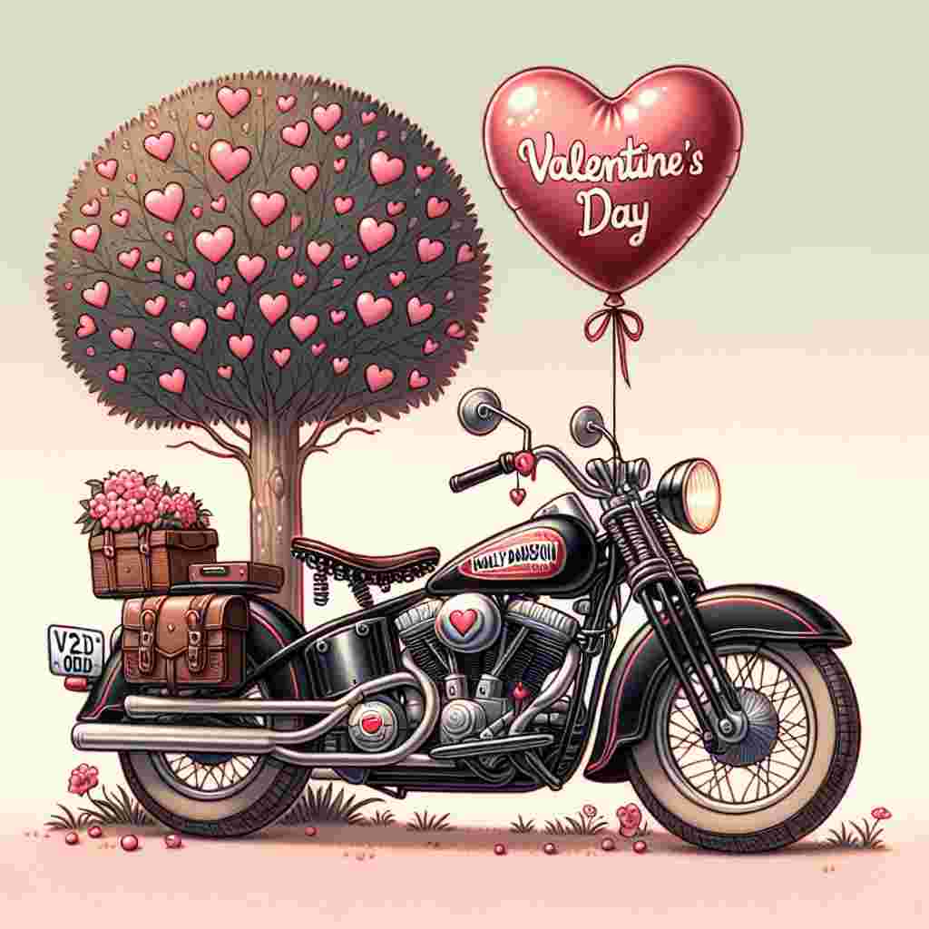 A fanciful illustration representing Valentine's Day, featuring a traditional cruiser motorbike similar style to the classic Harley Davidson designs, decorated with a balloon shaped like a heart. The number plate of the bike displays 'V2 ODD', lending a distinct element to the affectionate scene. The motorbike is located beneath a tree embellished with pink and red heart-shaped decorations, set against a mellow pastel backdrop to establish an affectionate ambiance.
Generated with these themes: Harley Davidson motorbike registration V2 ODD.
Made with ❤️ by AI.