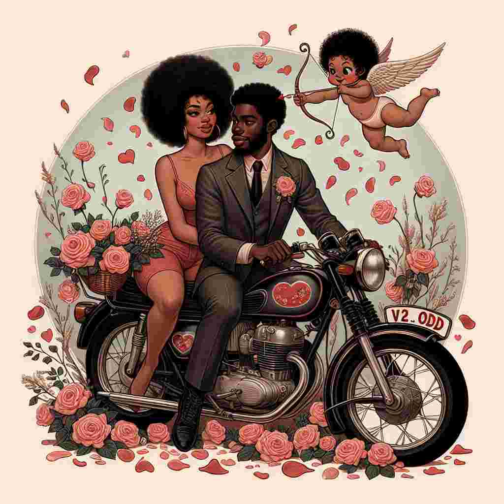 In this enchanting Valentine's Day illustration, an affectionate couple is seated atop a classic motorbike, distinguished by its interesting license plate reading 'V2 ODD'. This pair, consisting of a black woman with natural hair and a Middle Eastern man with dark, curly hair, are encompassed by a shower of fragile rose petals, while a playful and adorable depiction of Cupid is seamlessly integrated into the composition. The illustration exhibits a retro feel, with a subdued color scheme portraying the cozy ambiance of the celebration.
Generated with these themes: Harley Davidson motorbike registration V2 ODD.
Made with ❤️ by AI.