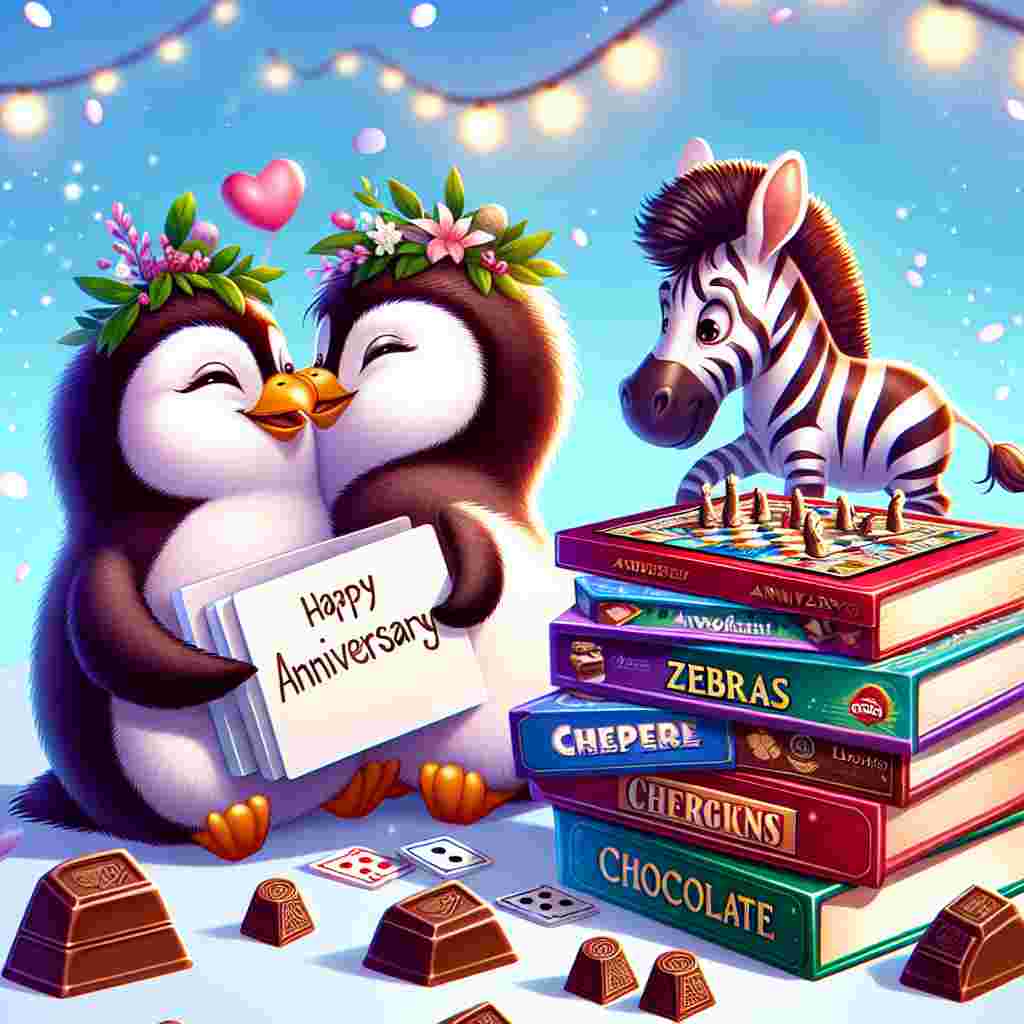 In this charming and endearing cartoon scene celebrating an anniversary, we see the intimacy of two penguins nestling next to a stack of board games, exuding an air of magic and affection. Zebras, identifiable by their distinct stripes, participate in a friendly board game challenge in the background, their amusement resonating throughout the atmosphere. Bite-sized pieces of chocolate are cleverly arranged as game counters, seamlessly melding into the vibrant scene of joy and the perfect fusion of playfulness and love.
Generated with these themes: Boardgames , Chocolate , Penguins , and Zebras .
Made with ❤️ by AI.