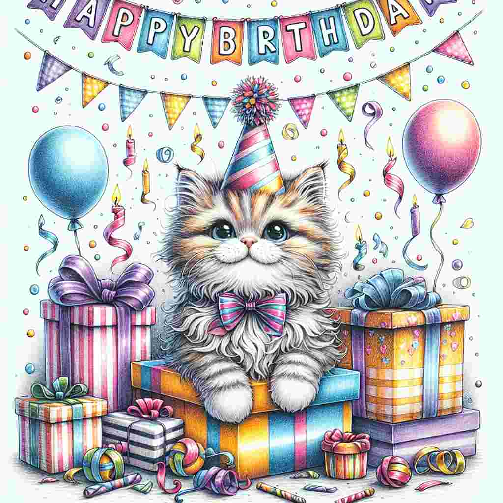 A whimsical illustration features an adorable Ragamuffin cat wearing a party hat and sitting amidst a pile of colorful presents. Banners and balloons fill the background, and the words 'Happy Birthday' are written in bold, playful letters at the top of the card.
Generated with these themes: Ragamuffin Birthday Cards.
Made with ❤️ by AI.