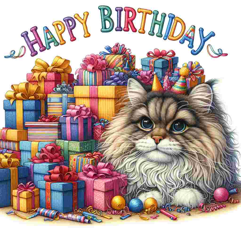The card shows a Ragamuffin cat peeking out from behind a mountain of gifts, its fur detailed with soft, fluffy strokes. The surrounding area is dotted with party hats and streamers, and the scene is framed by the warmly written greeting 'Happy Birthday' in cheerful lettering.
Generated with these themes: Ragamuffin Birthday Cards.
Made with ❤️ by AI.