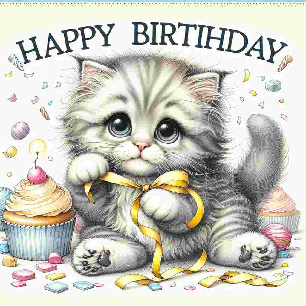 The scene depicts a charming Ragamuffin kitten with big, innocent eyes playing with a ribbon. The kitten is surrounded by cupcakes and confetti, creating a festive atmosphere. Overhead, 'Happy Birthday' is scrawled in a fun, childlike font, completing the joyous birthday theme.
Generated with these themes: Ragamuffin Birthday Cards.
Made with ❤️ by AI.