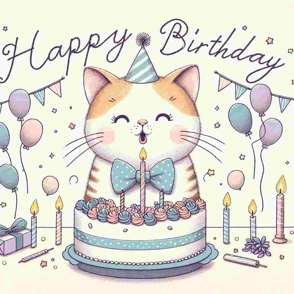 A cheerful Ragamuffin cat is illustrated blowing out candles on a birthday cake, with a cute bow tie around its neck. The design highlights pastel party decorations and a prominent 'Happy Birthday' message in elegant cursive above the celebratory scene.
Generated with these themes: Ragamuffin Birthday Cards.
Made with ❤️ by AI.