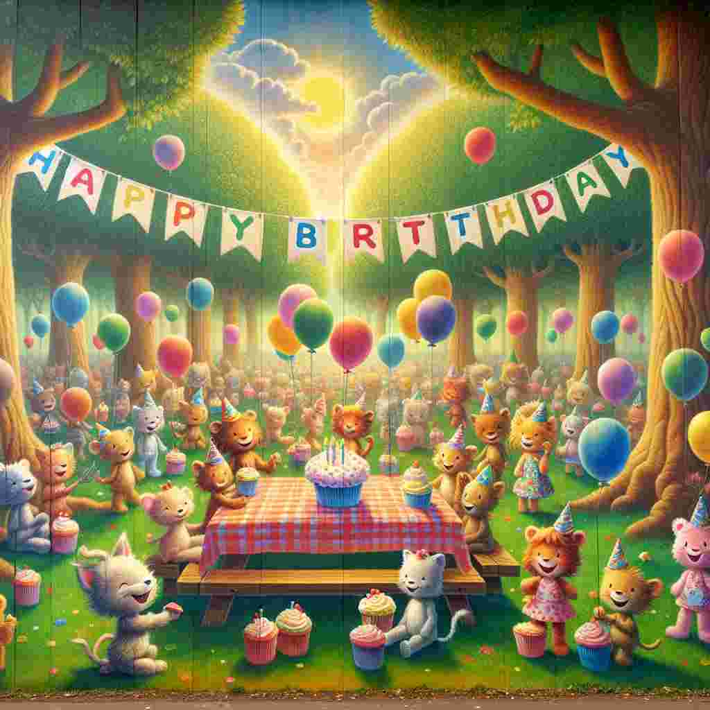 The scene showcases an enchanting picnic setting with children in animal costumes, each holding a delightful cupcake. The background is a sunlit park with birthday banners and balloons tied to trees. Overhead, clouds form the words 'Happy Birthday,' integrating naturally into the joyous atmosphere.
Generated with these themes: childrens  .
Made with ❤️ by AI.