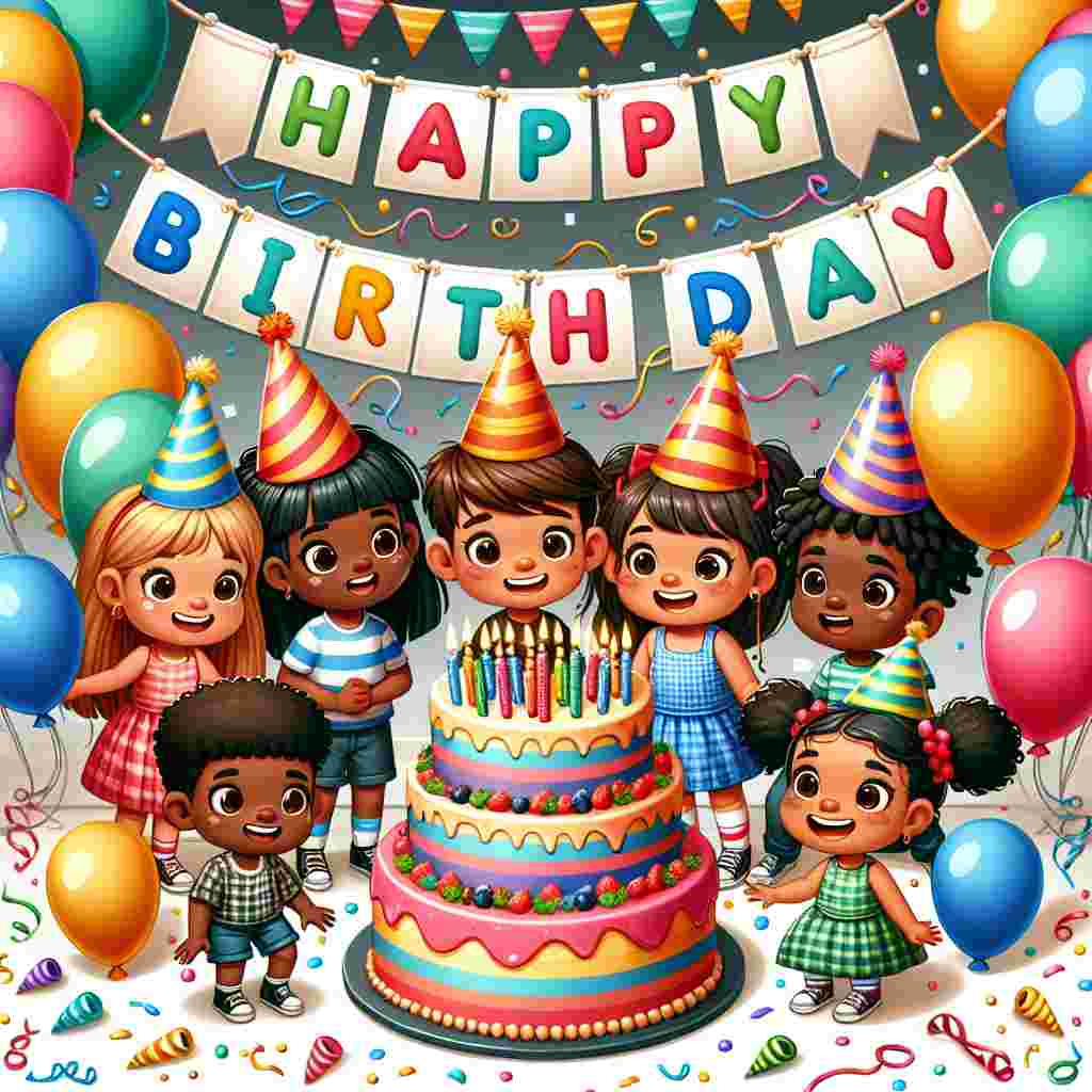 The birthday scene features a playful illustration of a group of diverse children in party hats, gathered around a giant, colorful cake adorned with candles. Strings of bright balloons and confetti are scattered throughout the scene, and a banner with the text 'Happy Birthday' stretches above in cheerful, block letters.
Generated with these themes: childrens  .
Made with ❤️ by AI.