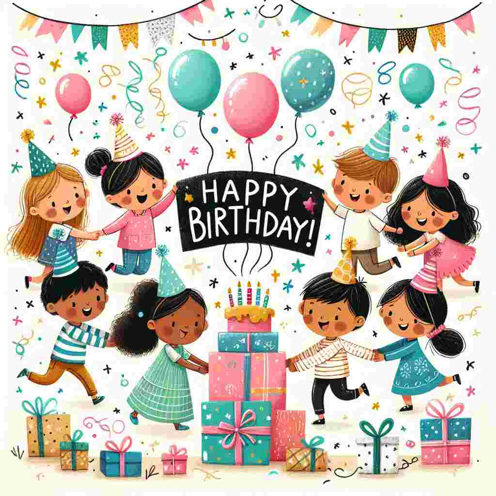 In this heartwarming birthday illustration, a circle of children are holding hands around a pile of wrapped presents. The background is dotted with floating balloons and streamers, and in the center of the illustration, there's a large 'Happy Birthday' sign in fun, hand-drawn font surrounded by tiny stars and glitter.
Generated with these themes: childrens  .
Made with ❤️ by AI.