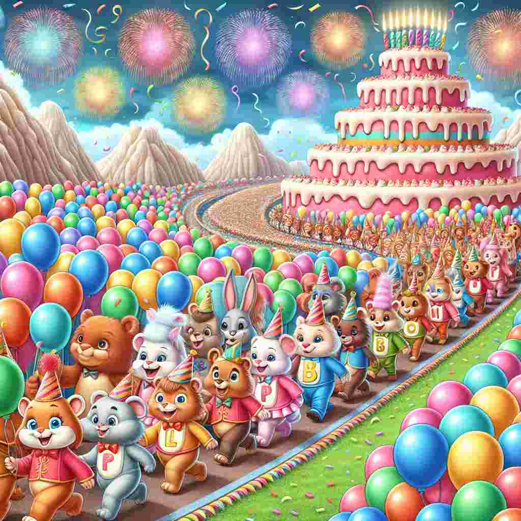 This illustration depicts a cartoon-style animal parade led by children in festive attire, each animal holding a letter that together spells out 'Happy Birthday'. The parade route is lined with multicolored balloons, streamers, and a backdrop featuring a frosted cupcake mountain under a sky filled with fireworks.
Generated with these themes: childrens  .
Made with ❤️ by AI.