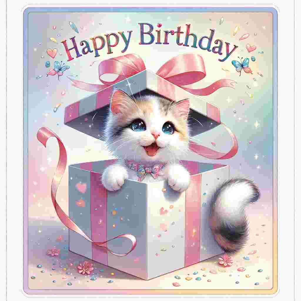 An adorable birthday card showcasing a playful Japanese Bobtail kitten bursting out of a gift box with a ribbon tied around its neck. The background is a burst of pastel colors and sparkles, with 'Happy Birthday' inscribed in whimsical, floating letters around the kitten.
Generated with these themes: Japanese Bobtail Birthday Cards.
Made with ❤️ by AI.