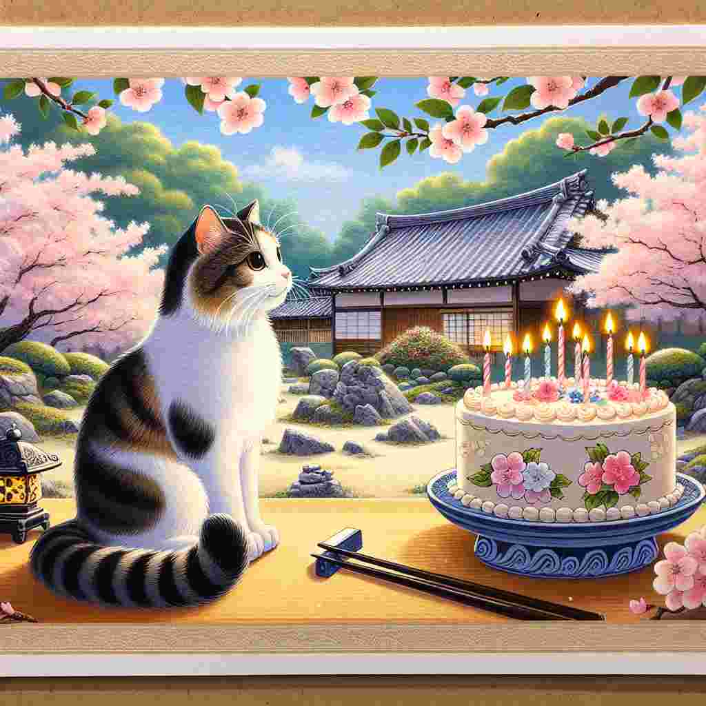 A serene birthday card illustration depicting a Japanese Bobtail cat sitting beside a cake with lit candles in a Japanese garden setting. Cherry blossoms frame the scene, and the gentle brushstroke-text of 'Happy Birthday' complements the tranquil ambiance.
Generated with these themes: Japanese Bobtail Birthday Cards.
Made with ❤️ by AI.
