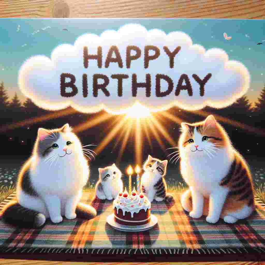 A charming birthday card design where a family of Japanese Bobtails is having a picnic, complete with a birthday banner and a small cake on a plaid blanket. The sun is setting behind them, casting a warm glow, and the words 'Happy Birthday' hang in the sky like soft, fluffy clouds.
Generated with these themes: Japanese Bobtail Birthday Cards.
Made with ❤️ by AI.