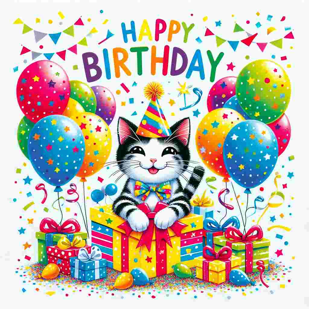 A colorful birthday card featuring a cheerful Japanese Bobtail cat wearing a party hat, surrounded by balloons and confetti. The cat is happily perched atop a pile of brightly wrapped gifts, with 'Happy Birthday' written in playful, bold letters above.
Generated with these themes: Japanese Bobtail Birthday Cards.
Made with ❤️ by AI.