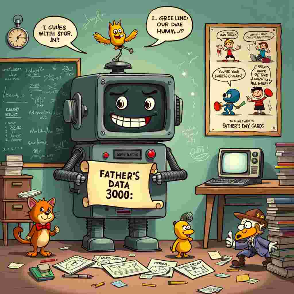 In the center of the scene, a comically oversized, old-fashioned computer (think 1950s mainframe) with anthropomorphic features stands proudly. It has a friendly face made of dials and blinking lights, complete with a big toothy grin and eyes that resemble spinning tape reels. The computer, named "Father-Data 3000," is holding a paper scroll that reads, "The Ultimate Guide to AI-Generated Father's Day Cards."

Surrounding Father-Data 3000 are a group of excited cartoon characters: a spunky little robot with a bow tie, a quirky cat with a magnifying glass, and a cheeky bird wearing a propeller hat. Each character is engaged in some hilarious activity related to AI and Father's Day cards. The robot is holding a card-making machine that's spitting out colorful, whimsical cards with messages like "Happy Father's Day, Human!" and "You're the dad of the data!"

Behind the main characters, a chalkboard with complex mathematical formulas, doodles, and funny algorithms hangs on the wall, reminiscent of a scene from Bill Watterson's Calvin and Hobbes. On the floor, scattered crayon drawings and wacky blueprints illustrate bizarre inventions like "Dad Joke Analyzer 9000" and "Hug-O-Matic."

To the right, a vintage TV set shows a cartoon drawing tutorial hosted by a Disney-esque character, teaching how to draw the perfect Father's Day card. There's a stack of comic books on a nearby table, featuring covers inspired by Osamu Tezuka’s manga and Hergé’s Tintin, with titles like "Father’s Day Adventures" and "Robot Dad Chronicles."

Above, a speech bubble from the computer reads, “Creating Dad Jokes Since 1950,” adding a Gary Larson-style touch. The background is a cozy, retro-futuristic workshop with elements of both Charles Schulz’s Peanuts and R. Crumb’s underground comix—a blend of nostalgia and quirky innovation.

Finally, a small poster on the wall mimics Winsor McCay's dreamlike style, showing Little Nemo presenting a giant, glittering Father's Day card to a smiling sun, adding a whimsical touch to this charming, bustling scene.
Generated with these themes: The Ultimate Guide to AI-Generated Father's Day Cards.
Made with ❤️ by AI.