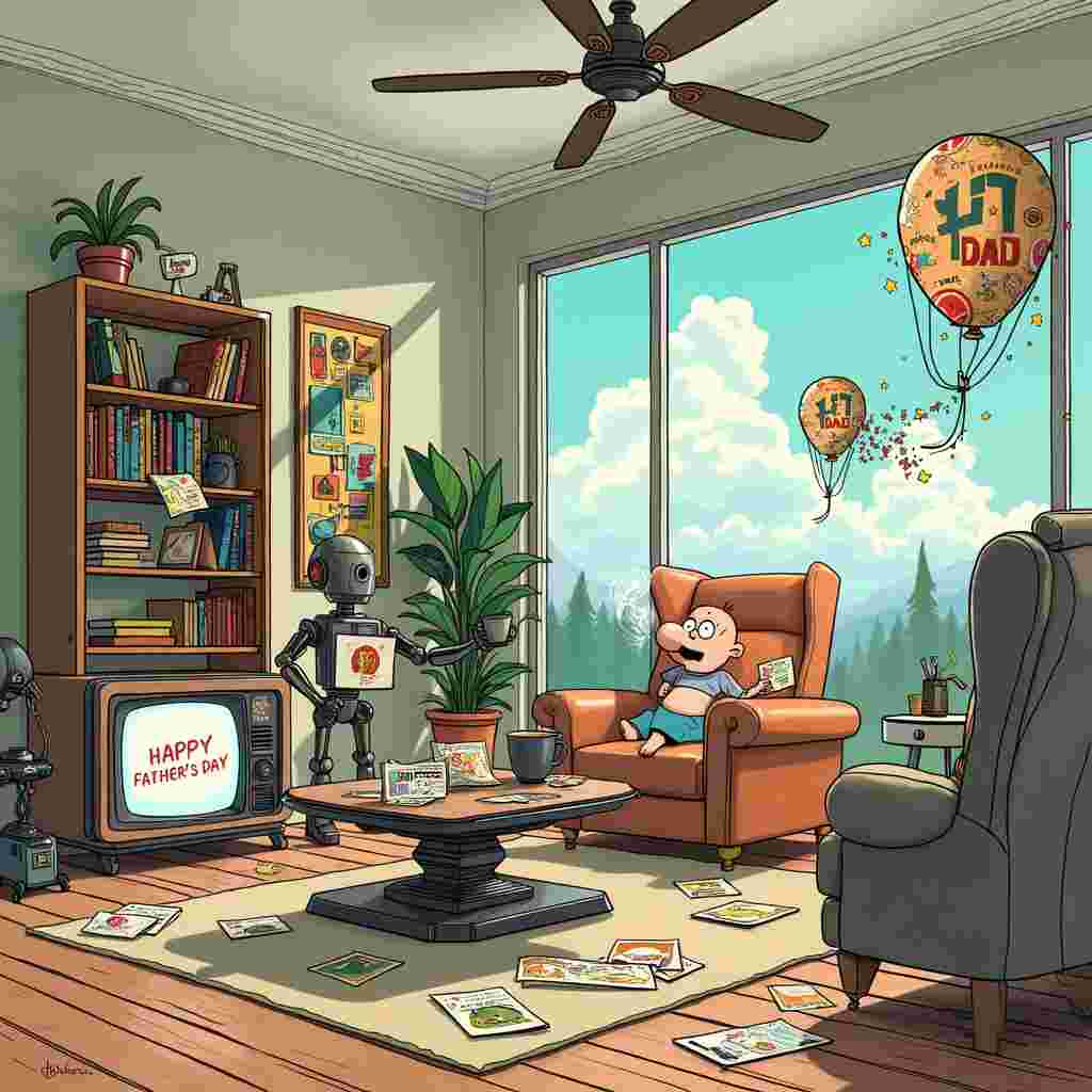 Picture a bustling, futuristic living room scene on Father's Day, infused with a playful, cartoonish charm reminiscent of Charles Schulz and Bill Watterson. In the middle of the room, a sleek, high-tech coffee table is scattered with various AI-generated Father's Day cards, each boasting quirky designs and witty messages. A comically over-the-top robot butler, inspired by Walt Disney's animated creations, is enthusiastically delivering a steaming mug of coffee to an empty, well-worn recliner that clearly suggests "Dad's chair."

On one side of the room, a curious, small robot dog, with large expressive eyes reminiscent of Osamu Tezuka’s Astro Boy, is sniffing a card that has a holographic image of a dad joke. Beside the robot dog, an old-fashioned yet highly advanced AI assistant in the form of a vintage TV set with a face (think Gary Larson’s style) displays a cheesy Father's Day video montage, with exaggerated cartoonish emotions flickering on the screen.

To the left, a tall bookshelf, stuffed with graphic novels, manga, and comic books by artists like Hergé and Will Eisner, stands. The bottom shelf is crowded with children’s drawings and craft gifts that seem to blend traditional and digital art—paper cutouts of ties, shirts, and tools glued onto tablet screens.

On the right side of the room, a tiny AI drone, inspired by the quirky, bizarre machines in R. Crumb’s underground comix, is buzzing around, trying to hang a "Happy Father's Day" banner that keeps getting tangled in its propellers. Nearby, a retro-style, Rube Goldberg machine (think Art Spiegelman’s detailed storytelling) made out of various household items and comic-inspired gadgets is about to launch a confetti-filled balloon with a “#1 Dad” logo.

Above it all, the ceiling fan is a clever mix of classic design and futuristic elements—its blades are comic book pages that swirl around, creating a dynamic display of various dad-themed jokes and scenes. The window reveals a glimpse of a serene backyard with a classic barbecue grill, a nod to Winsor McCay’s detailed and imaginative worlds.

In this scene, the AI-generated elements and classic Father's Day symbols merge into a harmonious yet humorously chaotic celebration, telling a story that balances the love for technology and the timeless essence of Father's Day.
Generated with these themes: The Ultimate Guide to AI-Generated Father's Day Cards.
Made with ❤️ by AI.