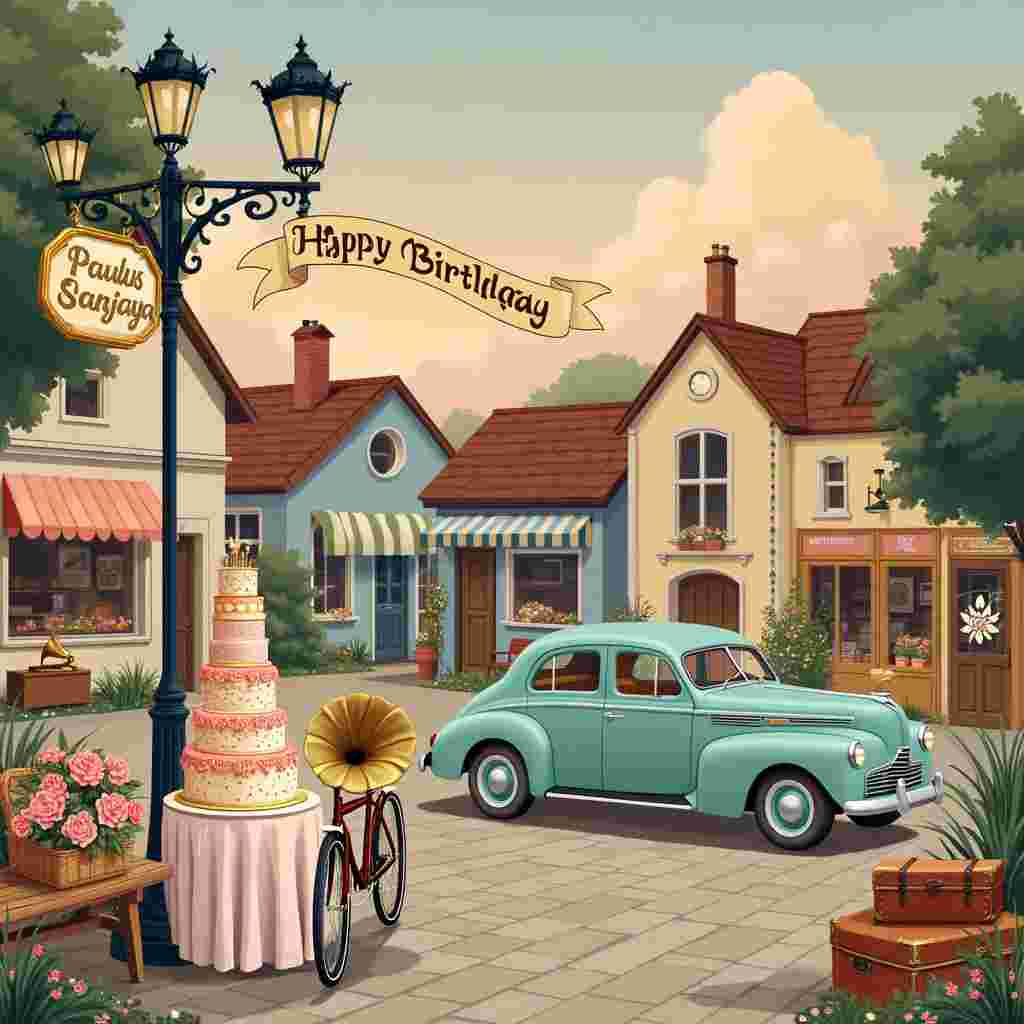 Picture an idyllic, vintage-inspired birthday scene set in a charming, old-fashioned village square. At the heart of the square stands an ornate, wrought-iron lamppost adorned with pastel-colored bunting and fairy lights. From the top of the lamppost, a large, hand-painted banner flutters gently in the breeze, declaring "Happy Birthday Paulus Sanjaya" in elegant, looping calligraphy.

Around the square, cobblestone streets are lined with quaint, vintage shops—an old bakery with a striped awning, a small bookshop with an antique sign, and a flower shop bursting with colorful blooms. Outside the bakery, a round table is set up with a vintage lace tablecloth, showcasing a tiered birthday cake decorated with intricate, floral icing in soft pinks and creams. The top tier of the cake features an edible scroll with "Paulus Sanjaya" written in ornate, golden icing.

Nearby, a classic bicycle with a wicker basket leans against a park bench, the basket overflowing with handpicked wildflowers and vintage birthday cards. On the bench, an old gramophone with a large brass horn plays a silent serenade, while a couple of vintage suitcases are stacked neatly beside it, adding to the nostalgic ambiance.

In the background, a sky-blue 1940s-style car is parked, with streamers trailing from its bumper and a "Happy Birthday" sign displayed in its rear window. Above, the sky is a gradient of soft pinks and oranges as the sun begins to set, with fluffy clouds where "Paulus Sanjaya" appears subtly written as if sketched by an invisible hand, blending seamlessly with the serene evening sky.

This detailed vintage birthday scene is a delightful blend of nostalgia and celebration, with Paulus Sanjaya's name thoughtfully integrated into the most charming elements of the illustration.
Generated with these themes: Vintage.
Made with ❤️ by AI.