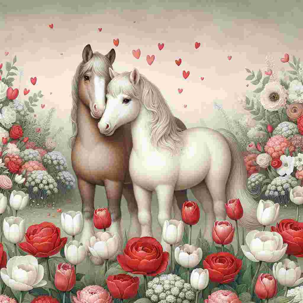 For Valentine's Day, create a charming, whimsical scene: two horses of an unidentified breed, one being a male and of Caucasian descent, and the other a female and of Hispanic descent, stand in a field overflowing with blooms. Amidst the landscape, white tulips and red roses are plentiful. The horses affectionately nuzzle each other, symbolizing deep love and companionship. The background is softly shaded with gentle hues of pink and red, subtly invoking the romance of the occasion. Scattered throughout the entire scene, heart shapes subtly enhance the romantic theme.
Generated with these themes: White tulips , Horses, and Roses .
Made with ❤️ by AI.