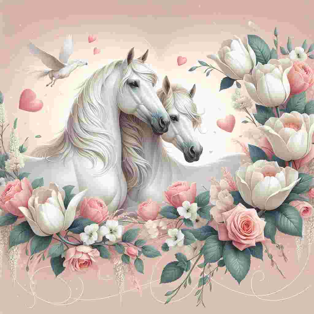 Create an endearing Valentine's Day illustration showing two elegant horses gently entwined amidst an enchanting array of white tulips and blush roses, symbolizing purity and passion. The horses are framed with the cascading flora, while the soft pastel background is dotted with flying heart-shaped petals, adding an extra touch of Valentine's magic to the scene.
Generated with these themes: White tulips , Horses, and Roses .
Made with ❤️ by AI.