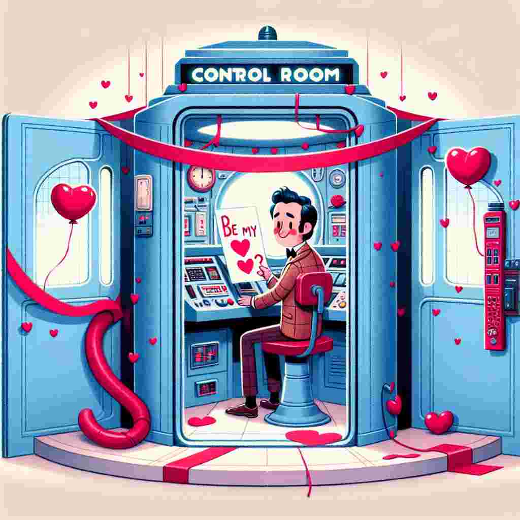 Visualize a whimsical interpretation of a time-traveler's console room in pale, soft shades. The control room, identified by a recognizable blue phone booth, is festively decorated with deep red streamers and heart-shaped inflatables. A charming caricature of a Caucasian male time-traveler is positioned at the apparatus, displaying a romantic card that reads 'Be My Companion?' in a jolly typeface. The entire scene radiates a cozy and inviting sentiment, ideal for an illustration meant to celebrate the Day of Love.
Generated with these themes: Doctor who .
Made with ❤️ by AI.