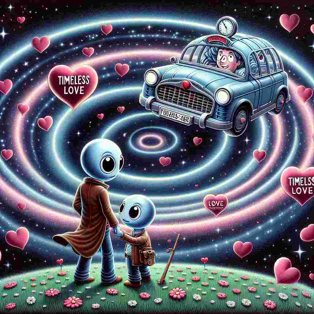 A fantastical representation befitting Valentine's Day, shows a distinct space-time vehicle, with its characteristic blue hue, surrounded by a whirl of pink and red hearts. On a patch of grass dotted with flowers, a pair of cartoonish characters with large eyes stand holding hands. They are reminiscent of a clever time traveler and his trusty companion. Their gaze towards each other is one of pure adoration. Hovering overhead in the star-studded sky, the phrase 'Timeless Love' is inscribed.
Generated with these themes: Doctor who .
Made with ❤️ by AI.