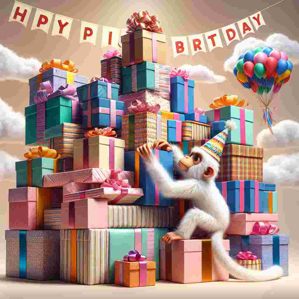 An endearing birthday illustration showcases a teetering pile of presents stacked haphazardly, each wrapped in different bright patterns and tied with various ribbons. A curious monkey with a party hat clings to the side of the packages, giving a mischievous grin as it reaches for the topmost gift, adding a unique flair. Behind the tower of presents, the phrase 'Happy Birthday' floats as if written in clouds, anchored by colorful kites on either side.
Generated with these themes: unique  .
Made with ❤️ by AI.