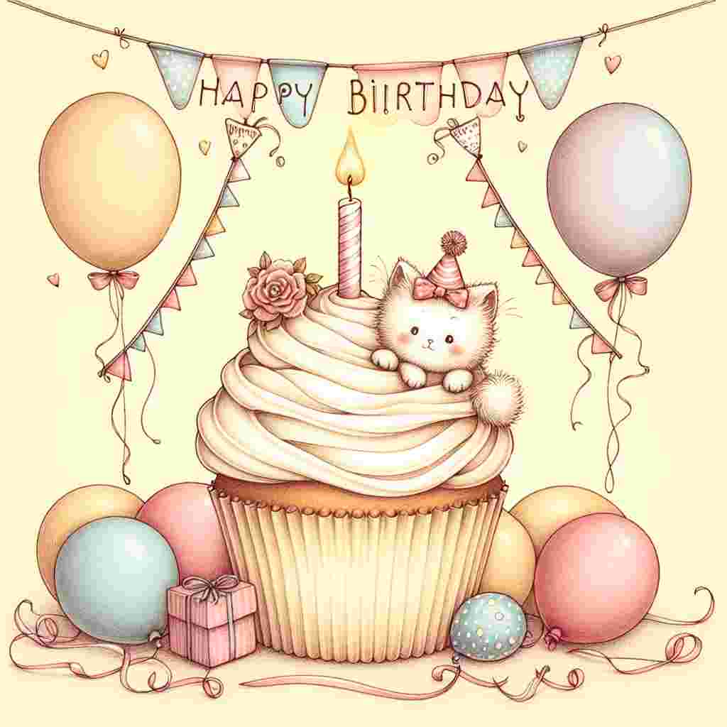 A charming birthday illustration depicting a whimsical cupcake with a single, lit candle positioned at the center of the piece. Surrounding the cupcake are softly colored balloons and a string of bunting that drapes elegantly across the top edge. In the cupcake's frosting swirl, a playful kitten with a party hat peaks out, adding a unique touch to the scene. Above this adorable assembly, the text 'Happy Birthday' is scrawled in a cheerful, hand-lettered font.
Generated with these themes: unique  .
Made with ❤️ by AI.