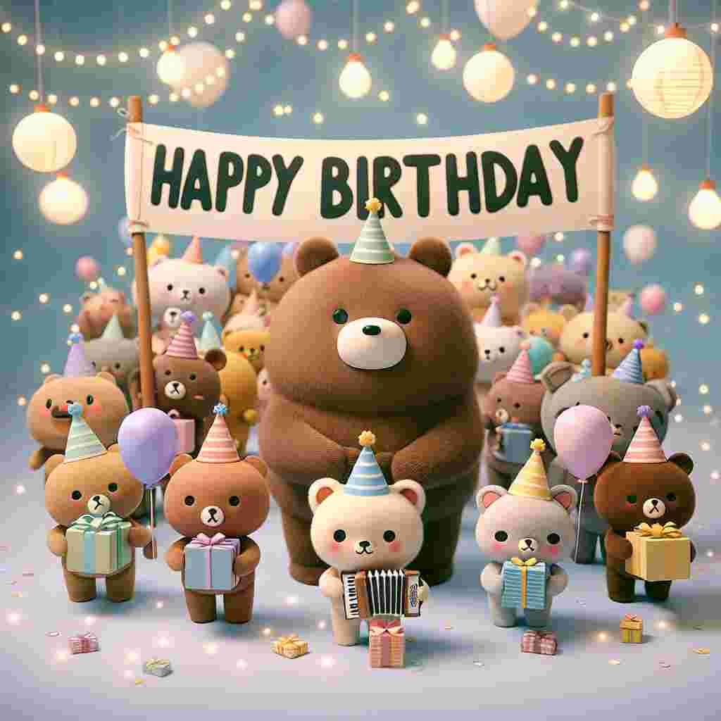 This delicate illustration features a parade of cartoon animals, each donning festive party hats and carrying small gifts or balloons. A round-faced bear leads the march, holding up a banner that reads 'Happy Birthday' in bold, friendly letters. In the background, a string of fairy lights and paper lanterns float softly, giving a magical ambiance. At the bottom right corner, a Siamese cat plays a tiny accordion, its unique inclusion gives the design an extra sprinkle of charm.
Generated with these themes: unique  .
Made with ❤️ by AI.