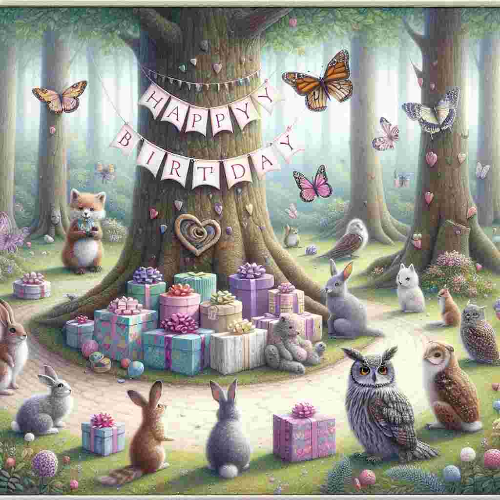 The birthday scene is set within a pastel-colored forest clearing, where a circle of animals gathers around a pile of presents. Above, a row of fluttering butterflies trails a banner that reads 'Happy Birthday', each spaced out between the vibrant wings. The unique feature is a tree trunk in the background carved with heart-shaped initials and a hidden owl peeking out, creating an enchanting story within the tableau.
Generated with these themes: unique  .
Made with ❤️ by AI.