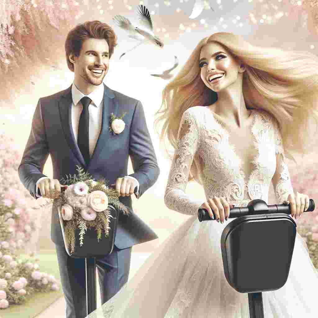 Create an enchanting image with a wedding theme, featuring a blonde Caucasian couple celebrating their day in an unconventional way - by riding Segways. The bride, her blonde hair flowing in the breeze, is dressed in a finely tailored lace dress that fits comfortably around her as she rides. The groom, sharing a radiant smile in his smart suit, accompanies her on their joy ride. They are surrounded by a soft pastel environment filled with blooming flowers and twinkling lights that enhance the joyful and unique spirit of their special day.
Generated with these themes: Segway, and Blonde.
Made with ❤️ by AI.