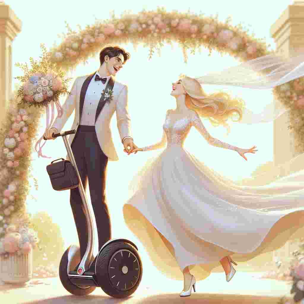 Visualize a charming wedding scene with a Caucasian blonde bride and a Caucasian groom experiencing a whimsical moment. They are joyfully gliding on Segways under an archway adorned with flowers. The bride's traditional wedding dress is swirling around her in an interesting contemporary twist, while her veil gently floats in the wind. The groom is impeccably dressed, his tie subtly fluttering as they move. The couple is immersed in an ambiance of soft colors that reflect their deep affection, uniting lighthearted fun and beauty in this unique celebration.
Generated with these themes: Segway, and Blonde.
Made with ❤️ by AI.