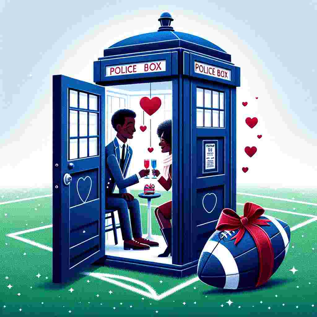 Create an affectionate Valentine's Day illustration featuring an iconic, tall, blue, British police box parked on a verdant football field. The door of the police box is slightly ajar, exposing a comfortable interior where a loving Black woman and a Middle-Eastern man are toasting their drinks, their eyes interlocked in a passionate gaze. The field outside is sprinkled with heart symbols, and a football is placed in the foreground, embellished with a scarlet ribbon as if it's a present.
Generated with these themes: Dr who, soccer, real ale.
Made with ❤️ by AI.
