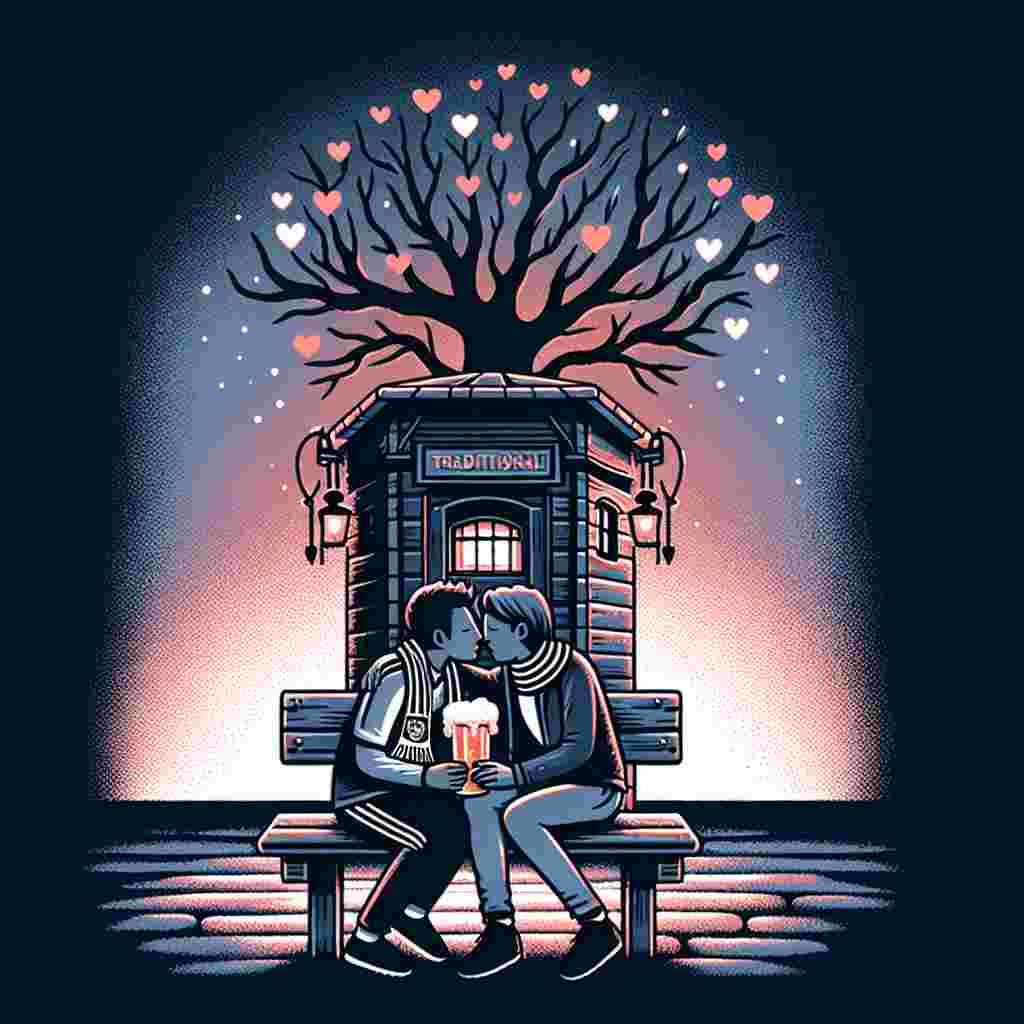 In a captivating illustration celebrating a romantic occasion, there are two characters in soccer outfits, one of whom is wearing a scarf of unknown origin. They are sharing an intimate moment on a bench with a pint of traditional beer. Behind them is a silhouette of a nondescript box-like structure under a tree adorned with heart-shaped lights. The structure is set against a backdrop of a twilight sky, creating a warm ambience for the occasion.
Generated with these themes: Dr who, soccer, real ale.
Made with ❤️ by AI.