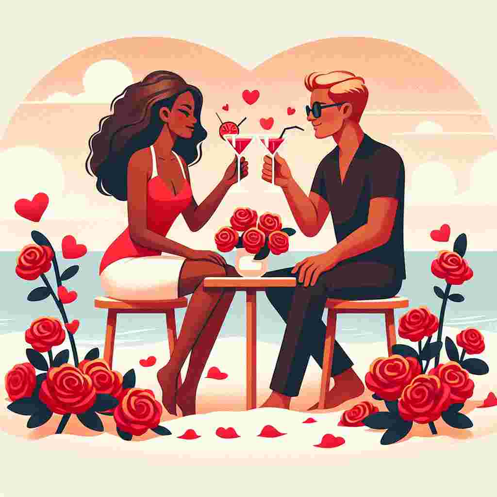 An endearing Valentine's Day illustration featuring a Black woman and a Caucasian man seated together on a sandy beach in the Maldives. They gently tap their cocktail glasses together in a symbolic toast, their surroundings adorned with scattered vibrant red roses that amplify the romantic atmosphere of the scene.
Generated with these themes: Black woman, White Man, Maldives, Cocktails, and Roses.
Made with ❤️ by AI.