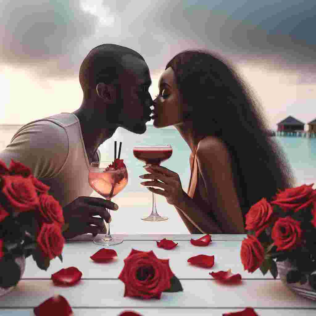 Create an image that illustrates a romantic Valentine's Day scene where a couple, a black woman and a white man, share an intimate moment while sipping cocktails on a beach in the Maldives. The atmosphere is permeated with the scent of roses, embodying their love, set against the calm and serene ocean view.
Generated with these themes: Black woman, White Man, Maldives, Cocktails, and Roses.
Made with ❤️ by AI.