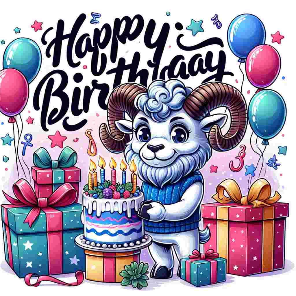 The design features an adorable cartoon Capricorn nestled among wrapped gifts and balloons. A cake topped with zodiac-sign candles takes center stage, as the words 'Happy Birthday' curve around the image in bold, friendly lettering.
Generated with these themes: Capricorn Birthday Cards.
Made with ❤️ by AI.