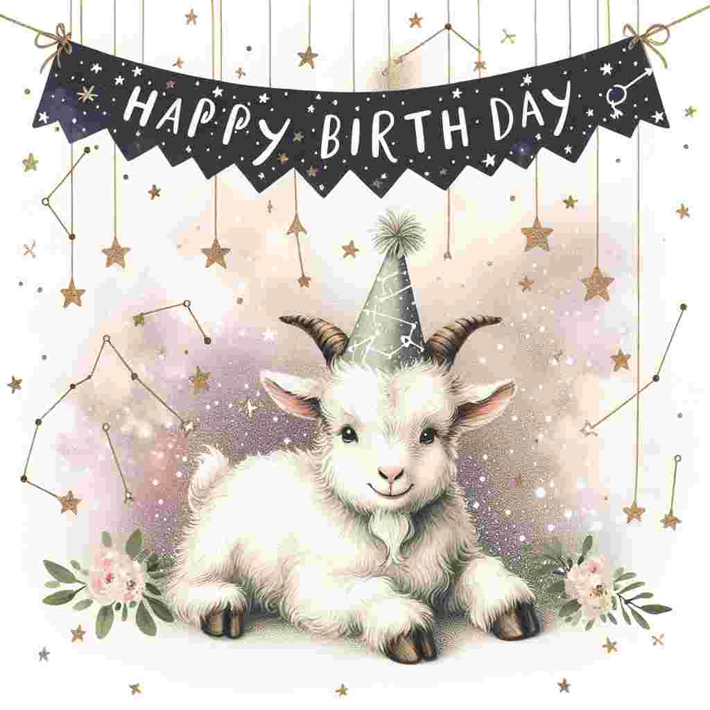 A cozy illustration depicts a cute goat, the symbol of Capricorn, wearing a party hat amidst a background of twinkling stars and constellations. A banner floats above with the text 'Happy Birthday' written in elegant, celestial-themed fonts.
Generated with these themes: Capricorn Birthday Cards.
Made with ❤️ by AI.
